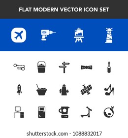 Modern, simple vector icon set with mixer, rocket, equipment, banner, drill, fashion, drawing, sea, handle, machine, transport, direction, art, launch, tie, light, bucket, chain, elegance, sign icons