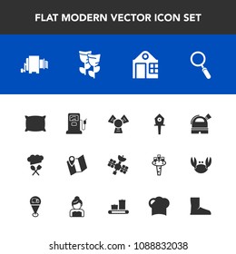 Modern, simple vector icon set with pump, bag, restaurant, birdhouse, gas, chief, spring, floral, bed, building, bird, sign, map, soft, real, pillow, cooler, glass, nest, observatory, satellite icons