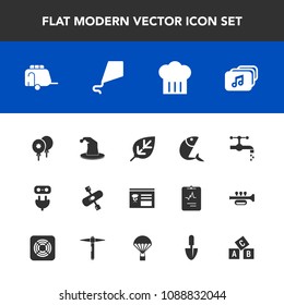 Modern, simple vector icon set with decoration, hat, kite, tree, sea, tap, celebration, chief, summer, nature, train, file, vehicle, van, transportation, transport, natural, plug, circus, fish icons