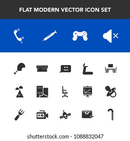 Modern, simple vector icon set with fitness, lollipop, building, pie, sky, business, treadmill, play, work, house, smile, game, bird, armchair, telephone, estate, mute, volume, office, joystick icons