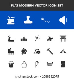 Modern, simple vector icon set with white, sound, refrigerator, japanese, space, skate, housework, mark, technology, home, fitness, domestic, wand, orbit, magic, leisure, summer, kite, fun, gym icons