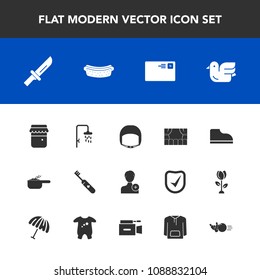 Modern, simple vector icon set with glass, dinner, hotdog, sausage, equipment, dish, food, footwear, internet, send, bath, helmet, brush, jam, add, mail, person, belt, letter, hygiene, sky, meal icons