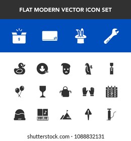 Modern, simple vector icon set with child, gallon, magic, hipster, cook, decoration, package, toy, apron, spanner, style, wine, children, water, account, cardboard, chef, glass, celebration, box icons