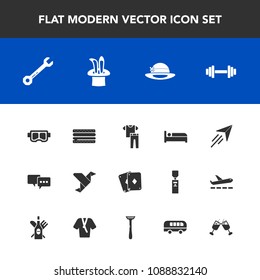 Modern, simple vector icon set with shirt, sea, flight, sandwich, mask, creative, drink, alcohol, wrench, poker, bed, gym, fitness, speech, glass, collection, burger, clothes, hat, clothing, fly icons