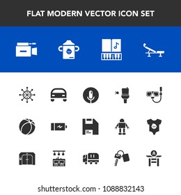 Modern, simple vector icon set with camera, game, sound, bathroom, bottle, electricity, nutrition, musical, video, voice, mask, seat, rudder, computer, vehicle, summer, football, ship, full, car icons