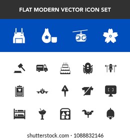 Modern, simple vector icon set with justice, blue, medical, pinafore, departure, patient, pie, blossom, energy, monster, law, apron, dentistry, airplane, travel, ambulance, cherry, sweet, weight icons