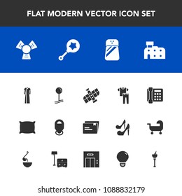 Modern, simple vector icon set with bucket, female, drink, fashion, rattle, planet, space, child, pillow, seasoning, bed, collection, architecture, phone, cooler, salt, toy, technology, cold icons