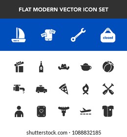 Modern, simple vector icon set with headwear, play, pizza, water, fashion, teapot, box, car, glass, football, wine, ship, childhood, banner, sign, tap, shop, hat, child, equipment, sink, alcohol icons