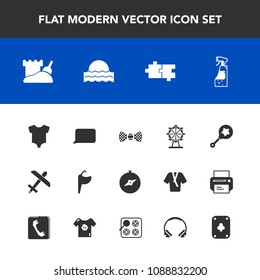 Modern, simple vector icon set with  water, tie, north, bottle, speech, wheel, sunset, clothing, elegance, child, poker, rattle, spray, london, faucet, clothes, kid, nature, flight, map icons
