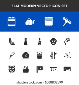 Modern, simple vector icon set with brush, chess, monster, oven, office, black, water, food, tea, white, pen, kitchen, object, leisure, ink, strategy, appliance, space icons