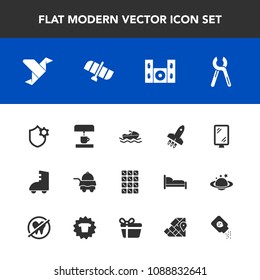 Modern, simple vector icon set with vessel, speaker, rollerblade, space, security, bedroom, bar, art, road, video, sweet, room, machine, paper, banner, food, sport, service, skating icons