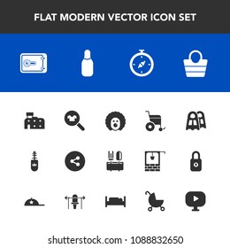 Modern, simple vector icon set with stroller, brush, clothing, sport, finance, holiday, video, north, bank, mascara, architecture, wheelchair, city, character, button, leather, handicap, sign icons