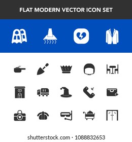 Modern, simple vector icon set with food, delivery, furniture, pot, love, helmet, entrance, equipment, chair, belt, sea, construction, heart broken, building, glass, cooking, cargo icons