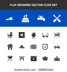Modern, simple vector icon set with dessert, flashlight, house, business, city, office, real, icecream, paddle, desk, west, shine, table, hat, cowboy, fish, texas, boat, accordion, seafood, sign icons