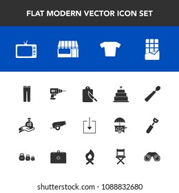 Modern, simple vector icon set with technology, spoon, dessert, web, supermarket, work, gun, sack, business, food, bar, equipment, drill, tv, finance, television, sweet, weapon, bonfire, pie icons