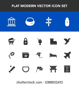 Modern, simple vector icon set with rucksack, creative, arrow, barbecue, work, style, bank, security, sweet, kite, ice, direction, bag, dessert, leisure, business, lock, food, lifestyle, paper icons