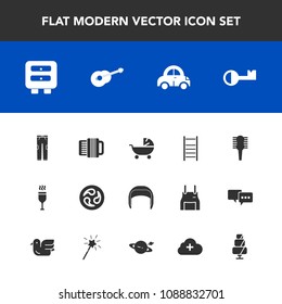 Modern, simple vector icon set with car, stroller, sweet, ladder, drink, pram, japanese, alcohol, equipment, comb, fashion, beauty, music, transportation, brush, vehicle, helmet, automobile, add icons