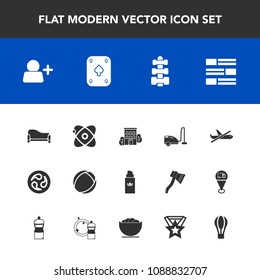 Modern, simple vector icon set with mon, cosmos, game, sign, house, play, universe, airplane, parachute, ball, estate, housework, home, internet, space, interior, room, plane, bottle, add, aroma icons
