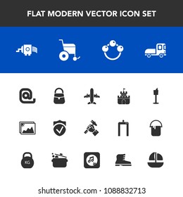 Modern, simple vector icon set with wine, wheelchair, restaurant, photo, holder, check, helmet, bag, airplane, industry, cheese, delivery, background, infant, white, foreman, envelope, kitchen icons