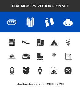 Modern, simple vector icon set with adventure, business, skating, camp, calculator, food, journey, estate, health, building, dentist, caravan, vacation, fun, fashion, outdoor, trailer, harvest icons