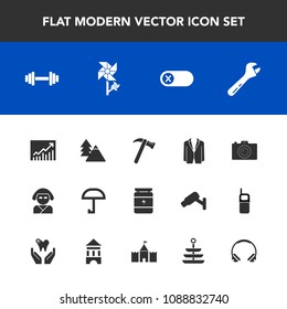 Modern, simple vector icon set with turn, landscape, environment, switch, spring, business, tool, photographer, graph, gym, floral, beautiful, nature, technology, rain, sound, trend, equipment icons