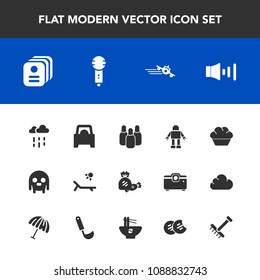 Modern, simple vector icon set with rain, karaoke, bowling, card, sunny, music, microphone, wet, vehicle, robot, water, vacation, voice, doughnut, volume, technology, flight, ball, departure, id icons