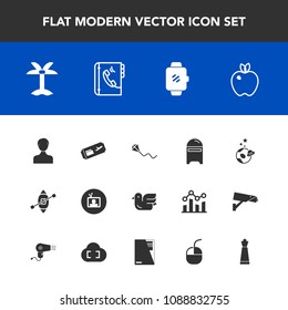 Modern, simple vector icon set with gadget, bird, book, account, animal, organic, fun, letter, ticket, science, smart, apple, palm, tropical, fruit, user, food, post, boat, nature, profile, sky icons