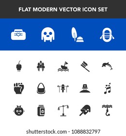 Modern, simple vector icon set with charger, concept, brush, power, sport, sailboat, sail, white, animal, boat, space, travel, ocean, pen, ufo, rocket, dolphin, monster, hand, technology, object icons