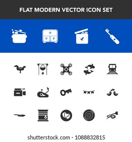 Modern, simple vector icon set with care, fitness, cook, sound, kid, film, health, car, campfire, horse, bonfire, clean, bear, hot, sea, brush, microphone, bike, hygiene, drone, camera, play icons