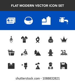 Modern, simple vector icon set with clown, fun, forest, chart, celebration, gift, graph, campfire, flame, bear, faucet, king, lady, asia, traditional, holiday, birthday, bag, sack, costume, fly icons