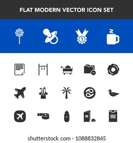 Modern, simple vector icon set with magic, business, file, exercise, hot, cup, winner, delivery, food, , sign, pacifier, infant, flight, lollipop, shipping, award, folder, cake, candy, child icons