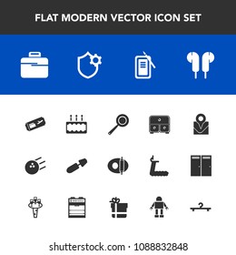 Modern, simple vector icon set with inkstone, cake, white, flight, black, fun, brush, sport, machine, makeup, gift, food, tool, utensil, bag, internet, travel, ink, business, security, ball, map icons