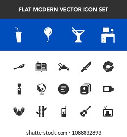 Modern, simple vector icon set with cold, map, app, library, button, book, gallon, equipment, celebration, menu, restaurant, drink, cocktail, garden, dinner, mobile, juice, work, business, knife icons