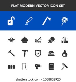 Modern, simple vector icon set with accident, protection, dessert, screwdriver, security, office, construction, hairdryer, hotel, hammer, tool, dryer, book, alien, library, equipment, food, tow icons