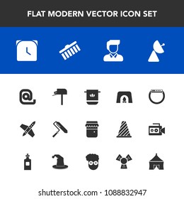 Modern, simple vector icon set with time, food, honey, antenna, man, clock, boy, soft, space, tool, jar, box, fire, home, minute, gadget, cotton, mail, cloth, roller, communication, glass, post icons
