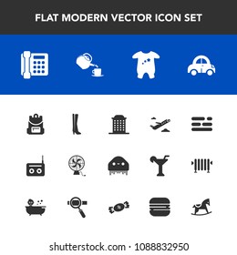 Modern, simple vector icon set with tea, air, sign, city, footwear, phone, automobile, ufo, fiction, business, sound, space, media, architecture, clothing, template, kid, bag, layout, equipment icons