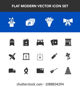 Modern, simple vector icon set with technology, modern, street, road, bouquet, favorite, mailbox, flower, mail, sign, music, letter, magic, house, traffic, bow, home, envelope, rocket, play, tie icons