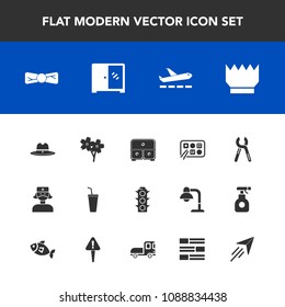 Modern, simple vector icon set with light, repair, safety, sheriff, elegance, texas, flower, fashion, airport, reparation, juice, crown, bow, cabinet, blossom, hat, tool, cowboy, drawer, luxury icons