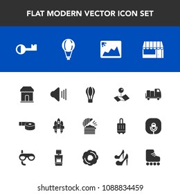 Modern, simple vector icon set with spaceship, transport, truck, chef, parachute, restaurant, up, hot, music, jump, technology, image, photo, key, space, sticky, pointer, food, frame, shop, sky icons
