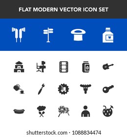 Modern, simple vector icon set with jar, brush, video, tea, dental, boy, male, package, guitar, drink, delivery, cocktail, hat, cup, mouthwash, man, movie, travel, hygiene, street, warehouse icons