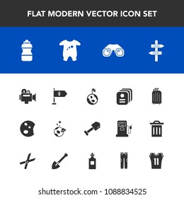 Modern, simple vector icon set with astronaut, shovel, globe, card, handle, doughnut, drink, tool, video, bottle, spaceship, planet, arrow, way, water, luggage, basketball, cake, direction, film icons