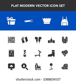 Modern, simple vector icon set with chef, luxury, tower, uniform, internet, geography, home, cook, celebration, style, king, flashlight, pin, map, queen, gift, plant, green, music, world, crown icons