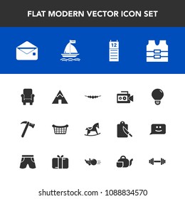 Modern, simple vector icon set with equipment, reminder, chair, calendar, handle, wrench, hammer, armchair, baby, toy, tent, agenda, energy, outdoor, adventure, light, basket, jacket, cute, idea icons