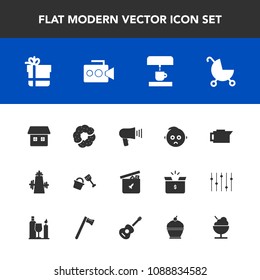 Modern, simple vector icon set with package, gift, cafe, home, child, film, megaphone, toy, bear, stroller, bow, food, guitar, house, drink, kitchen, sad, ball, doughnut, loudspeaker, shovel icons