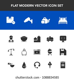 Modern, simple vector icon set with monitor, water, equipment, play, tea, sale, japanese, bowl, sign, technology, heater, camera, empty, dish, clothes, balance, boiler, drink, justice, ball, bed icons