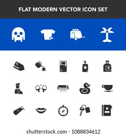 Modern, simple vector icon set with tag, bed, conditioner, summer, cup, care, kid, discount, fun, mouth, vehicle, price, transportation, child, fashion, palm, tropical, monster, restaurant, sale icons