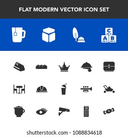 Modern, simple vector icon set with candy, king, toy, safety, white, drawer, square, kid, apple, child, calligraphy, tea, childhood, lollipop, service, waiter, calendar, fruit, discount, royal icons