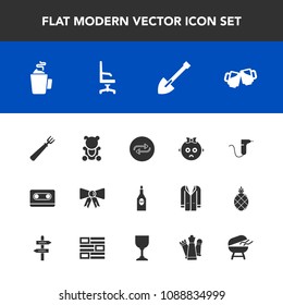 Modern, simple vector icon set with interior, chair, fork, toy, equipment, concept, audio, tape, teddy, bar, cup, dinner, drill, tie, bow, change, substitute, dentistry, replace, bear, baby, kid icons
