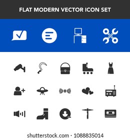 Modern, simple vector icon set with elegance, dress, sport, safety, industrial, work, app, space, bow, cassette, fashion, communication, sign, fun, tape, button, account, agriculture, hammer icons