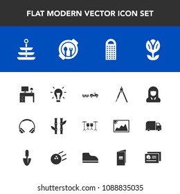 Modern, simple vector icon set with face, floral, girl, kitchen, blossom, music, cheese, spring, plate, business, desk, lady, asia, office, energy, modern, food, electricity, divider, grater icons